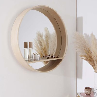 Miroir rond en chêne avec étagère 60 cm OBLO