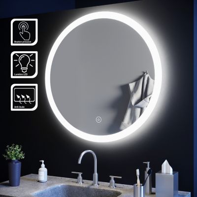 Miroir Rond à LED 80x80cm Ronde Miroir de Salle de Bain Miroir LED Anti-buée avec capteur de contrôle Tactile