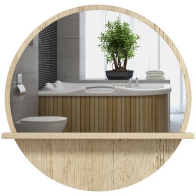 Miroir rond mural de salle de bain style cosy avec étagère - dia. 45 cm - effet bois naturel