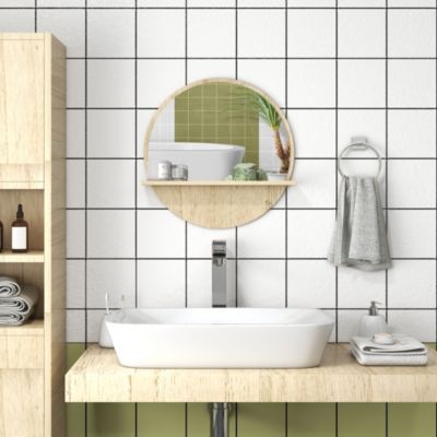Miroir rond mural de salle de bain style cosy avec étagère - dia. 45 cm - effet bois naturel
