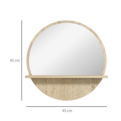 Miroir rond mural de salle de bain style cosy avec étagère - dia. 45 cm - effet bois naturel