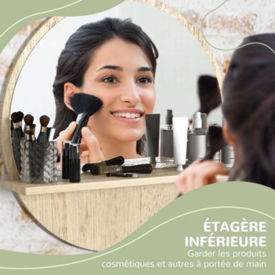 Miroir rond mural de salle de bain style cosy avec étagère - dia. 45 cm - effet bois naturel