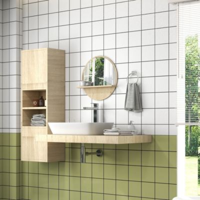 Miroir rond mural de salle de bain style cosy avec étagère - dia. 45 cm - effet bois naturel