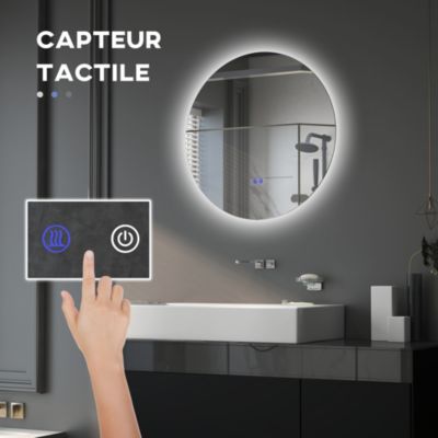 Miroir rond mural LED de salle de bain 60 cm interrupteur tactile système antibuée luminosité réglable 29 W gris