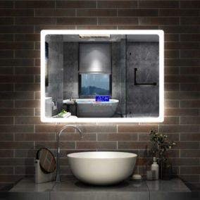 Miroir salle de bain 100X60cm anti-buée LED avec Bluetooth, Horloge, Date, Température avec 3 Couleurs, AICA SANITAIRE