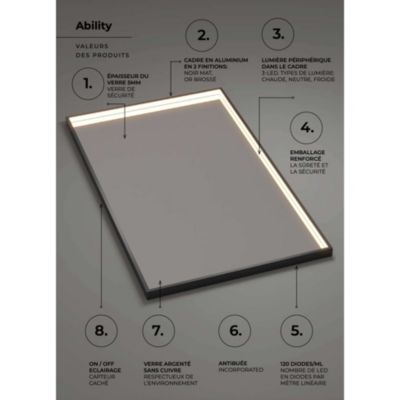 Miroir Salle de Bain ABILITY - 80x100cm - Or Brossé - Led Temp Variable - Anti-Buée & Détecteur de Mouvement - LEDIMEX