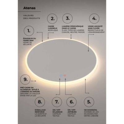 Miroir Salle de Bain ATENAS - D60cm - Led Temp Variable - Tactiles On/Off & Anti-Buée - LEDIMEX