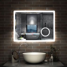 Miroir salle de bain bluetooth + loupe + horloge + tricolore + anti-buée 100x60cm dimmable,mémoire,tactile,led, AICA SANITAIRE