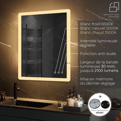 Miroir salle de bain BOLEO 80 x 100 cm LED lumineux 2100 lms anti-buée + réglage intensité & couleur - Saniverre