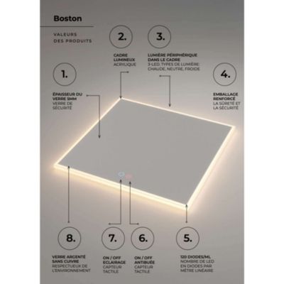 Miroir Salle de Bain BOSTON - 120x80cm - Éclairage Led Temp Variable - Tactiles On/Off & Anti-Buée - LEDIMEX