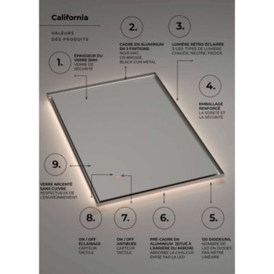 Miroir Salle de Bain CALIFORNIA - 100x80cm - Or Brossé - Temp Led Variable - Tactiles On/Off & Anti-Buée - LEDIMEX