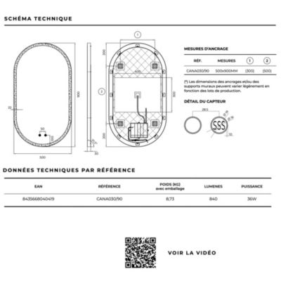 Miroir Salle de Bain CANADA - 50x90cm - Led Frontal (6500K) - Double Tactile & Anti-Buée - LEDIMEX