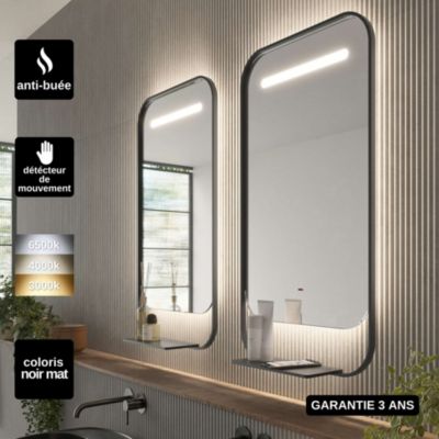 Miroir Salle de Bain CONCEPT - 50x80cm - Noir Mat - Temp Led Variable - Anti-Buée - Chargeur Induction - LEDIMEX