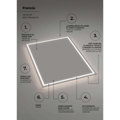 Miroir Salle de Bain FRANCIA - 60x80cm - Led Rétro-éclairé & Diffusion Frontal (6500K) - LEDIMEX