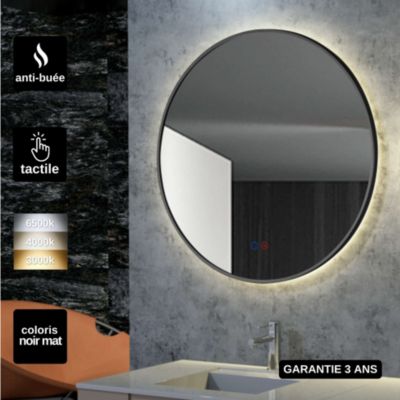 Miroir Salle de Bain FUN - D80cm - Noir Mat - Rétro-éclairage Temp Led Variable - Tactiles On/Off & Anti-Buée - LEDIMEX
