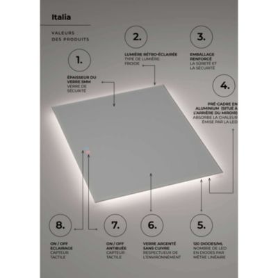 Miroir Salle de Bain ITALIA - 80x80cm - Led Rétro-éclairé (6500K) - Tactiles On/Off & Anti-Buée - LEDIMEX