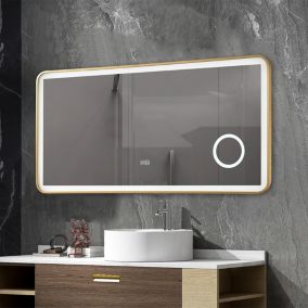 Miroir salle de bain LED 110x60cm  anti buée avec cadre en aluminium doré et loupe x3 LB-4685G