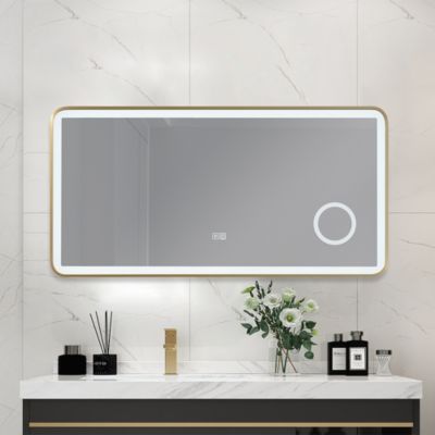 Miroir salle de bain LED 90x60cm anti buée avec cadre en aluminium doré et loupe x3 LB-4685G