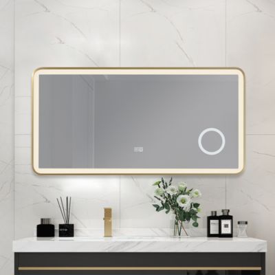 Miroir salle de bain LED 90x60cm anti buée avec cadre en aluminium doré et loupe x3 LB-4685G