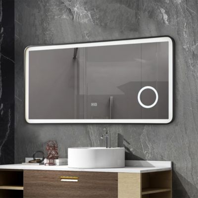 Miroir Salle De Bain LED Anti-buée 90x60 Cm Avec Loupe X3 - Cadre Aluminium Noir, 3 Couleurs De Lumière, Variateur