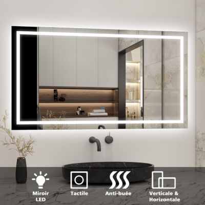 Miroir salle de bain led anti-buée, avec éclairage LED 90 x 60cm réversible, IP44 commande par effleurement, AICA SANITAIRE