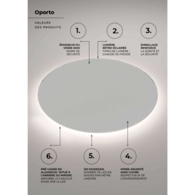 Miroir Salle de Bain OPORTO - D60 - Led Rétro-Éclairé (3000K) - Verre Sécurité 5mm - LEDIMEX