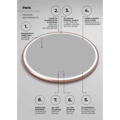 Miroir Salle de Bain PARIS - D60cm - Or Rose - Led Frontal Temp Variable - Tactiles On/Off & Anti-Buée - LEDIMEX