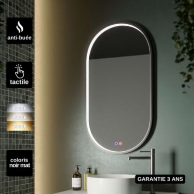 Miroir Salle de Bain RIO - 50x90cm - Noir Mat - Bordure Led Temp Variable - Tactiles On/Off & Anti-Buée - LEDIMEX