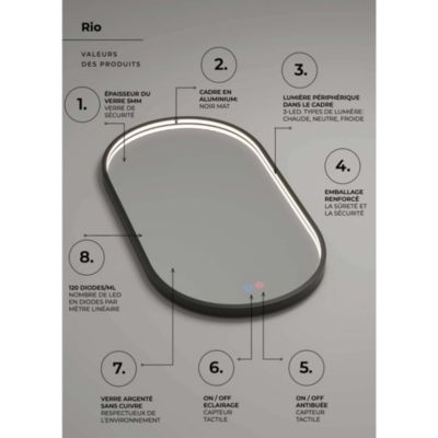 Miroir Salle de Bain RIO - 50x90cm - Noir Mat - Bordure Led Temp Variable - Tactiles On/Off & Anti-Buée - LEDIMEX