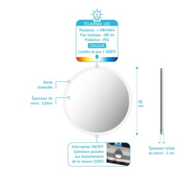 Miroir salle de bain rond avec eclairage LED - Diamètre 50cm - GO LED