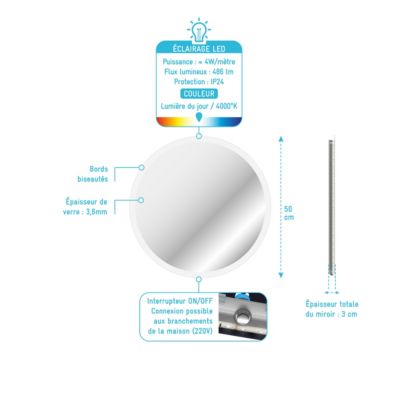 Miroir salle de bain rond avec eclairage LED - Diamètre 50cm - GO LED
