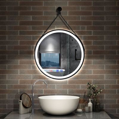 Miroir salle de bain rond LED 80cm tricolore + anti-buée + dimmable + mémoire,avec ceinture en cuir amovible,noir, AICA SANITAIRE