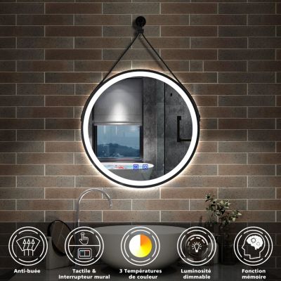 Miroir salle de bain rond LED 80cm tricolore + anti-buée + dimmable + mémoire,avec ceinture en cuir amovible,noir, AICA SANITAIRE