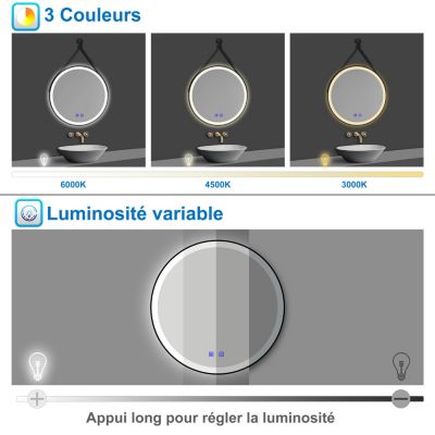 Miroir salle de bain rond LED 80cm tricolore + anti-buée + dimmable + mémoire,avec ceinture en cuir amovible,noir, AICA SANITAIRE