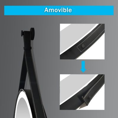 Miroir salle de bain rond LED 80cm tricolore + anti-buée + dimmable + mémoire,avec ceinture en cuir amovible,noir, AICA SANITAIRE