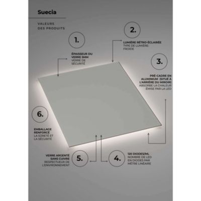 Miroir Salle de Bain SUECIA - 70x80cm - Led Rétro-Éclairé (6500K) - Verre Sécurité 5mm - LEDIMEX