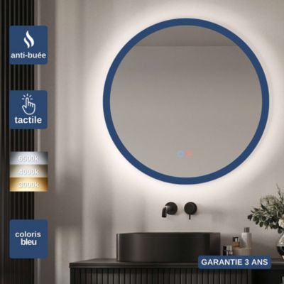 Miroir Salle de Bain TORINO Bleu D60cm - Temp Led Variable Rétro-éclairé & Frontal - Tactiles On/Off & Anti-Buée - LEDIMEX
