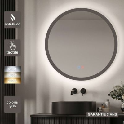Miroir Salle de Bain TORINO Gris D60cm - Temp Led Variable Rétro-éclairé & Frontal - Tactiles On/Off & Anti-Buée - LEDIMEX