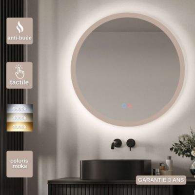 Miroir Salle de Bain TORINO Moka D60cm - Temp Led Variable Rétro-éclairé & Frontal - Tactiles On/Off & Anti-Buée - LEDIMEX