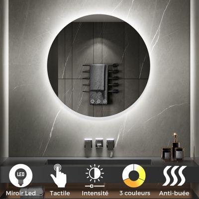 Miroir salle de bain VEKIO LED lumineux rond 80 cm diam. fonction anti-buée + intensité & couleur réglables - Saniverre