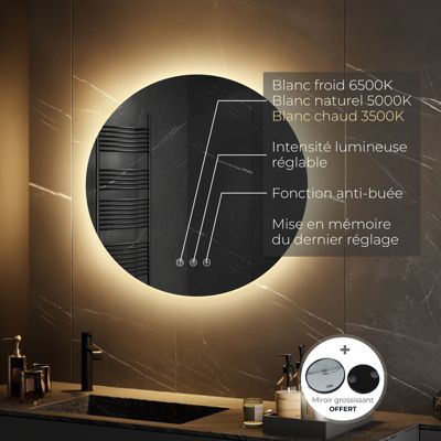 Miroir salle de bain VEKIO LED lumineux rond 80 cm diam. fonction anti-buée + intensité & couleur réglables - Saniverre