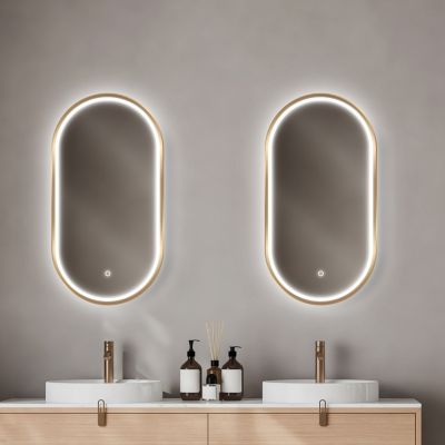 Miroir salle de bains éclairant à LED cadre doré oblong l.45 x H.85 x P.4 cm, anti-buée, MPGlass Céleste
