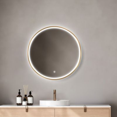 Miroir salle de bains éclairant à LED cadre doré rond Ø60 cm, anti-buée, MPGlass Céleste