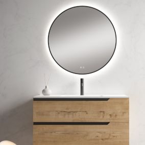 Miroir Salle de Bains Lumineux Éclairage Led Intégré Rétro éclairé D80cm, Fonctions On/Off et Anti-Buée Contour Noir Mat, IBIZA