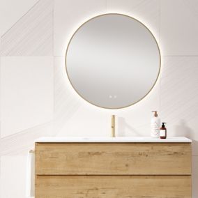 Miroir Salle de Bains Lumineux Éclairage Led Intégré Rétro éclairé D80cm, Fonctions On/Off et Anti-Buée Contour Or Brossé, IBIZA