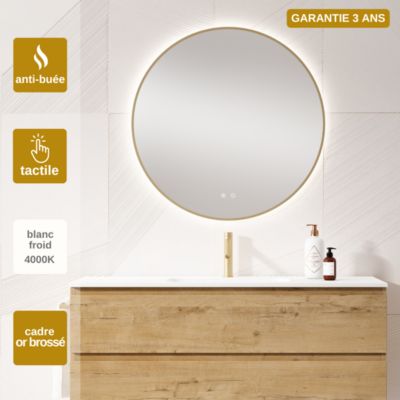 Miroir Salle de Bains Lumineux Éclairage Led Intégré Rétro éclairé D80cm, Fonctions On/Off et Anti-Buée Contour Or Brossé, IBIZA