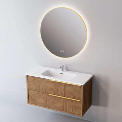 Miroir Salle de Bains Lumineux Éclairage Led Intégré Rétro éclairé D80cm, Fonctions On/Off et Anti-Buée Contour Or Brossé, IBIZA