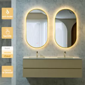 Miroir Salle de Bains Lumineux TOKYO Anti-Buée et Eclairage Triled Tactile On/Off Or Brossé 50x90 LEDIMEX