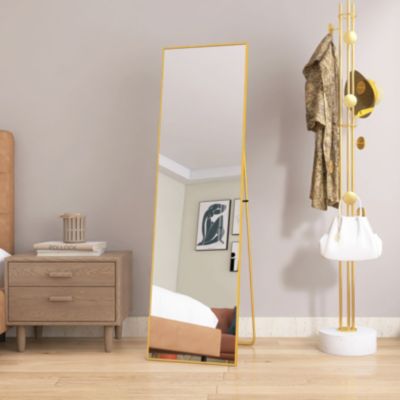 Miroir sur Pied 140x40 cm, Cadre Aluminium Doré, Miroir Mural Moderne à Poser ou Suspendre