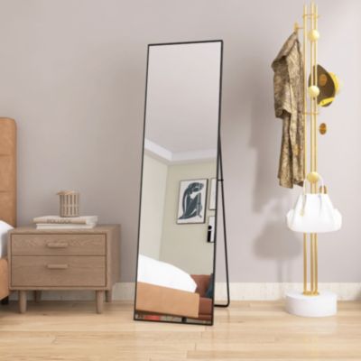 Miroir sur Pied 140x40 cm, Cadre Aluminium Noir, Miroir Mural Moderne à Poser ou Suspendre